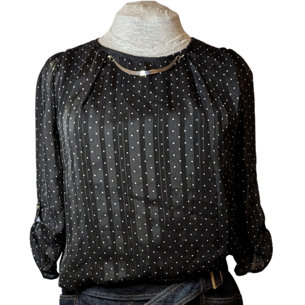 🔖4 for $20 SUNG szM Black and White Polkadot Lined Sheer-overlay Top EUC